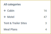 screenshot of Categories filter area on Camp Booking Portal