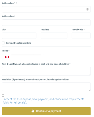 screenshot of address details form in checkout area of Camp Booking Portal